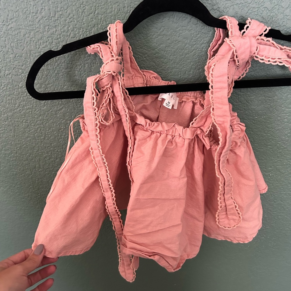 Pink Ruffled Sleeveless Top and short Linen 2 set.